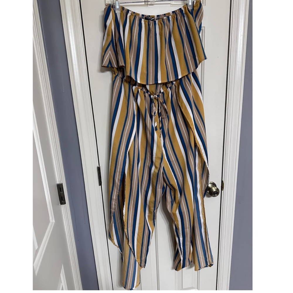 Fashion Nova Blue and Tan Striped Jumpsuit